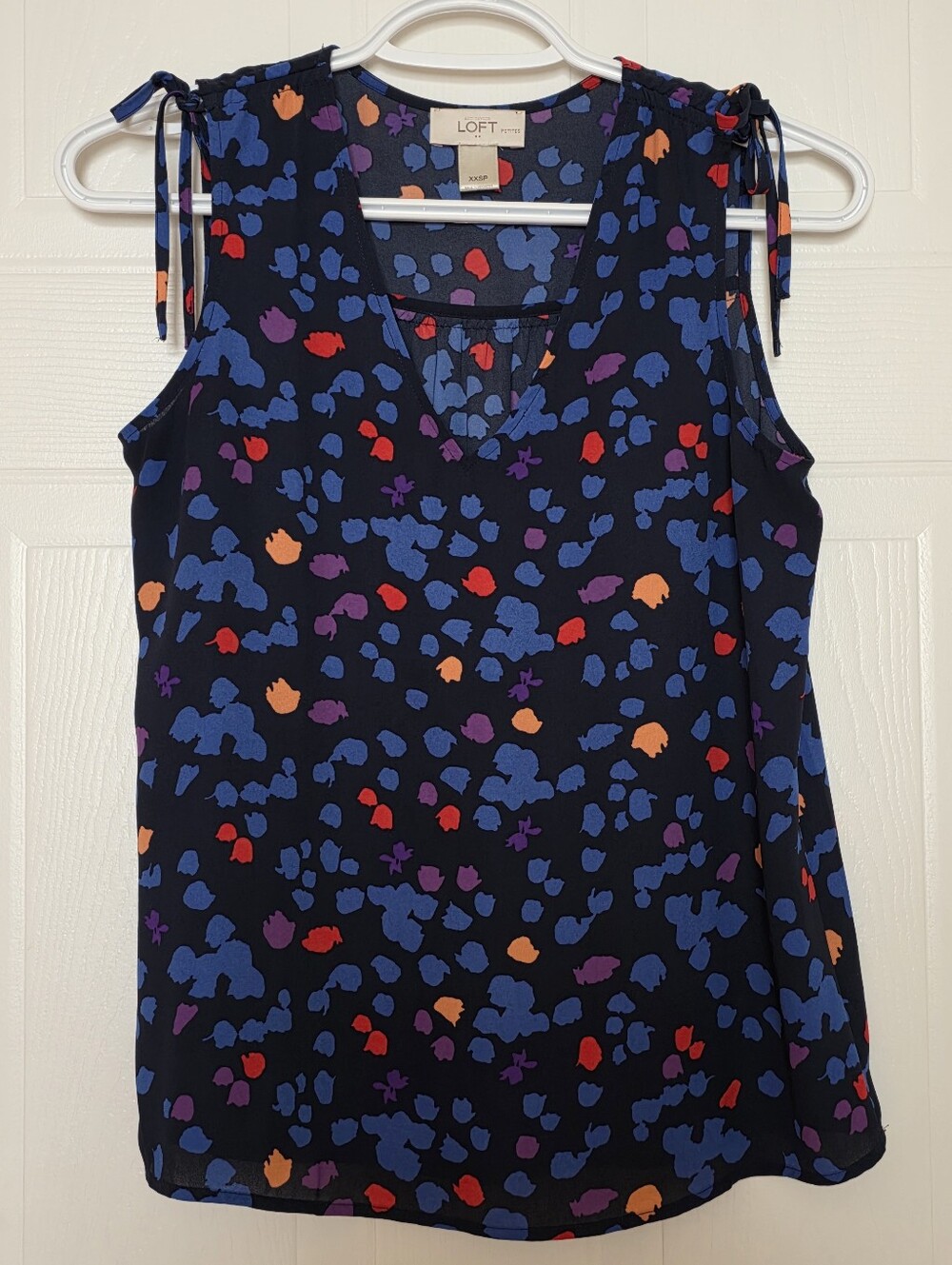 Ann Taylor LOFT Petites Floral Tie-Shoulder V-Neck Sleeveless Top, Dark Blue XXS